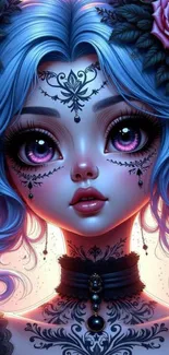 Gothic anime art with vivid blue tones and pink accents.