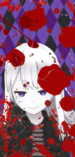 Gothic anime wallpaper with red roses and a purple harlequin background.