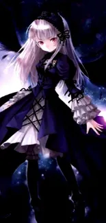 Gothic anime character in mystical dark setting.