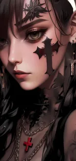 Anime-inspired gothic artwork with tattoos and deep hues.