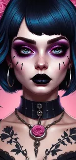 A gothic anime character with blue hair and a pink background.