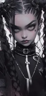 Gothic anime character with braided hair in dark tones, perfect for a mobile wallpaper.