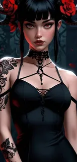 Gothic anime character with tattoos and red roses.
