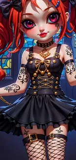 Gothic anime character with tattoos and red hair in vibrant colors.