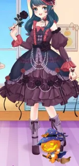 Gothic anime doll holding black roses in a vibrant room.