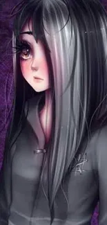 Anime girl with long black hair on a purple background.