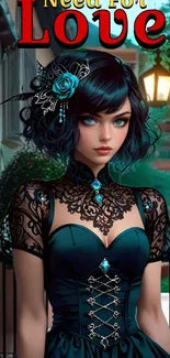 Gothic anime girl with teal dress and intricate details.