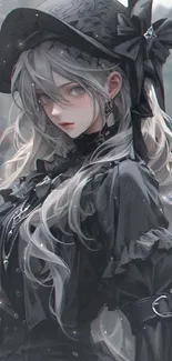 Gothic anime girl with black hat and silver hair in elegant attire.