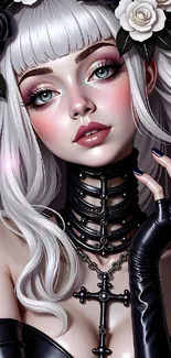 Gothic anime girl with flowers and choker.