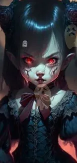 Gothic anime girl with glowing red eyes and ghostly elements.