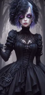 Gothic anime girl in black dress with purple eyes and dark background.