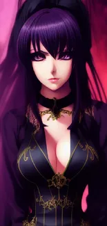 Gothic anime girl with violet background, intricate design.