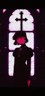 Gothic anime girl in violet-lit setting.