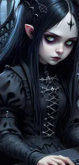 A gothic anime girl in a dark, mysterious setting on a mobile wallpaper.