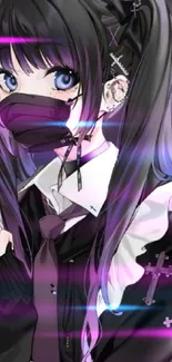 Anime girl with purple and black tones, wearing a mask and gothic attire.