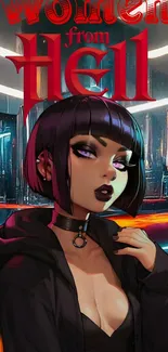 Gothic anime girl in cyberpunk setting wallpaper.