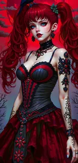 Gothic anime girl with red hair and dress, detailed fantasy art.
