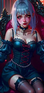 Gothic anime girl on a throne with vibrant colors.