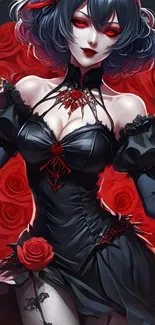 Gothic anime girl with red roses and dark dress.