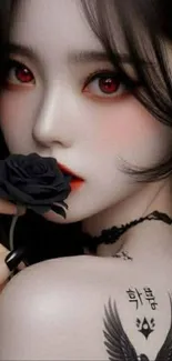 Anime girl with red eyes and black rose.