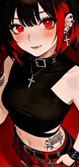 Gothic anime girl with tattoos and red eyes.