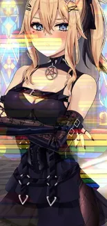 Gothic anime girl in black outfit with stained glass background.