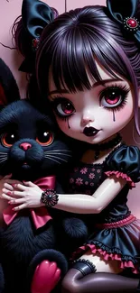 Gothic anime girl with a black rabbit and candles.