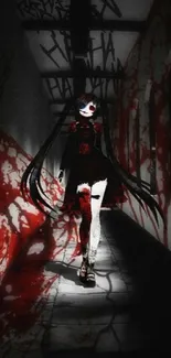 A shadowy figure in a gothic anime style corridor with red and black tones.