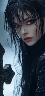 Gothic anime woman with red eyes in snowy setting.