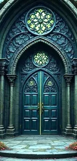 Gothic arched doorway with intricate designs.