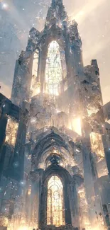 Gothic architecture dreamscape with glowing stained glass and light rays.