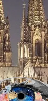 Gothic cathedral towers with cosmic eye design on mobile wallpaper.