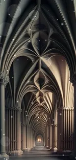 Gothic cathedral interior with arches and columns, in soft lighting.