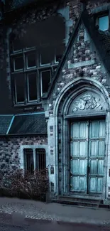 Gothic architecture with blue door and stone facade.