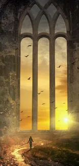 Gothic archway with sunset and birds mobile wallpaper.