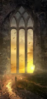 Gothic archway with sunset background in a mystical evening scene.