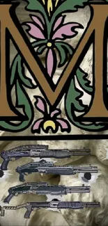 Artistic wallpaper with floral letter M and guns.