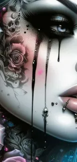 Gothic digital art wallpaper with surreal face and roses.