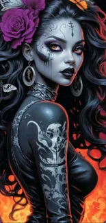 Gothic woman with tattoos and flowers in mystical artwork.