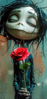 Whimsical gothic character with red rose.