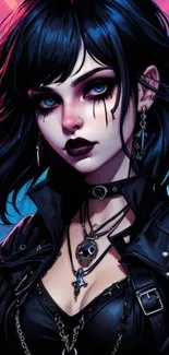 Gothic fantasy artwork of a mysterious woman with dark hair and striking eyes.