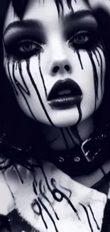 Gothic art wallpaper with striking black and white contrasts and dramatic makeup.