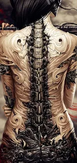 Intricate gothic back art with dark, mysterious design.