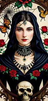 Gothic woman with skull and roses in vintage art style.