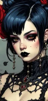 Gothic female portrait with roses and dark tones.