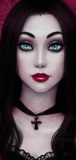 Gothic art wallpaper featuring a mysterious woman with striking blue eyes.