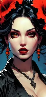 Gothic art featuring a woman with red floral headdress.