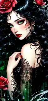 Gothic art wallpaper of a woman with roses and dark hair, exuding mystery.