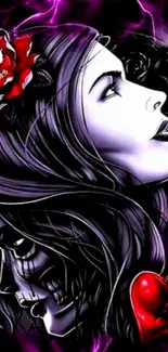 Gothic dual faces with roses and hearts in a mystical wallpaper.