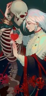 Gothic artwork with a girl and skeleton embracing.